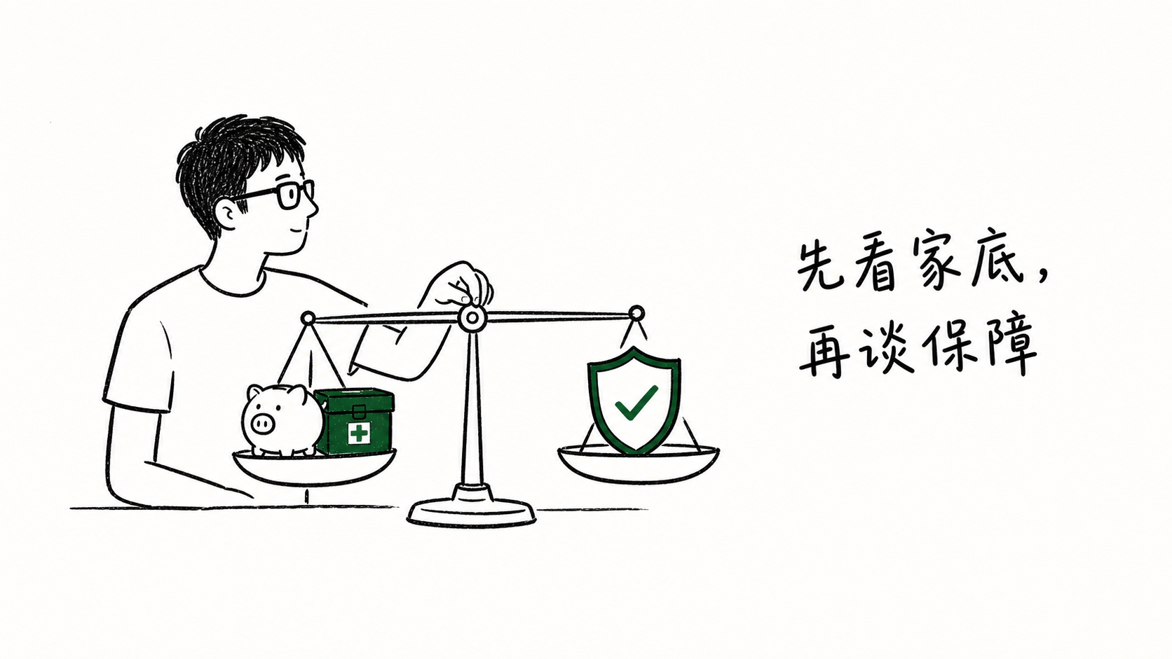 张山风提醒先看家庭预算和应急金再配置宝宝保险的手绘图