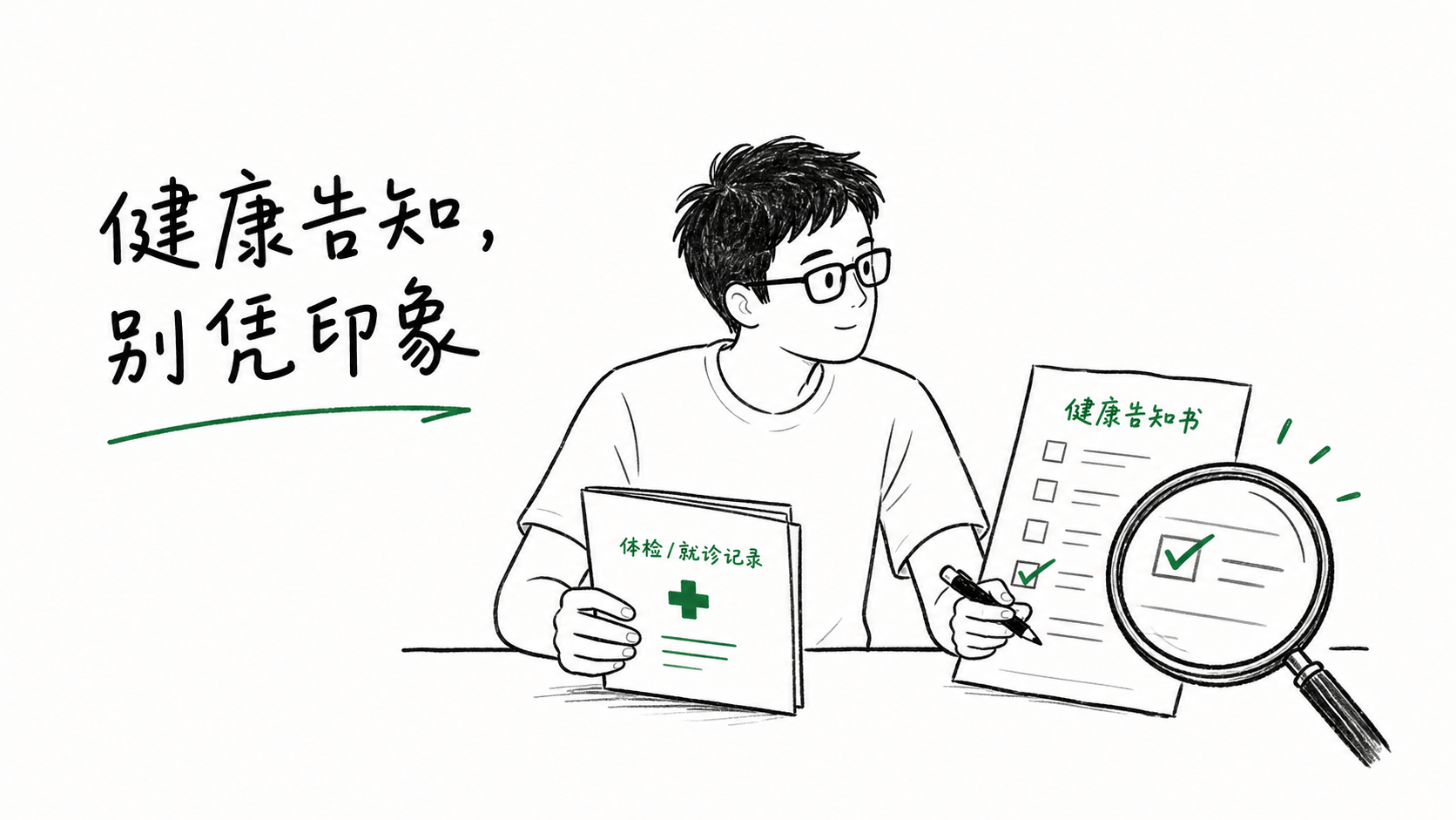 张山风核对宝宝病历和健康告知的手绘图