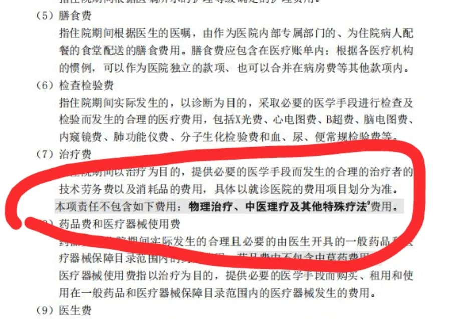 条款截图显示治疗费不包含物理治疗、中医理疗及其他特殊疗法费用