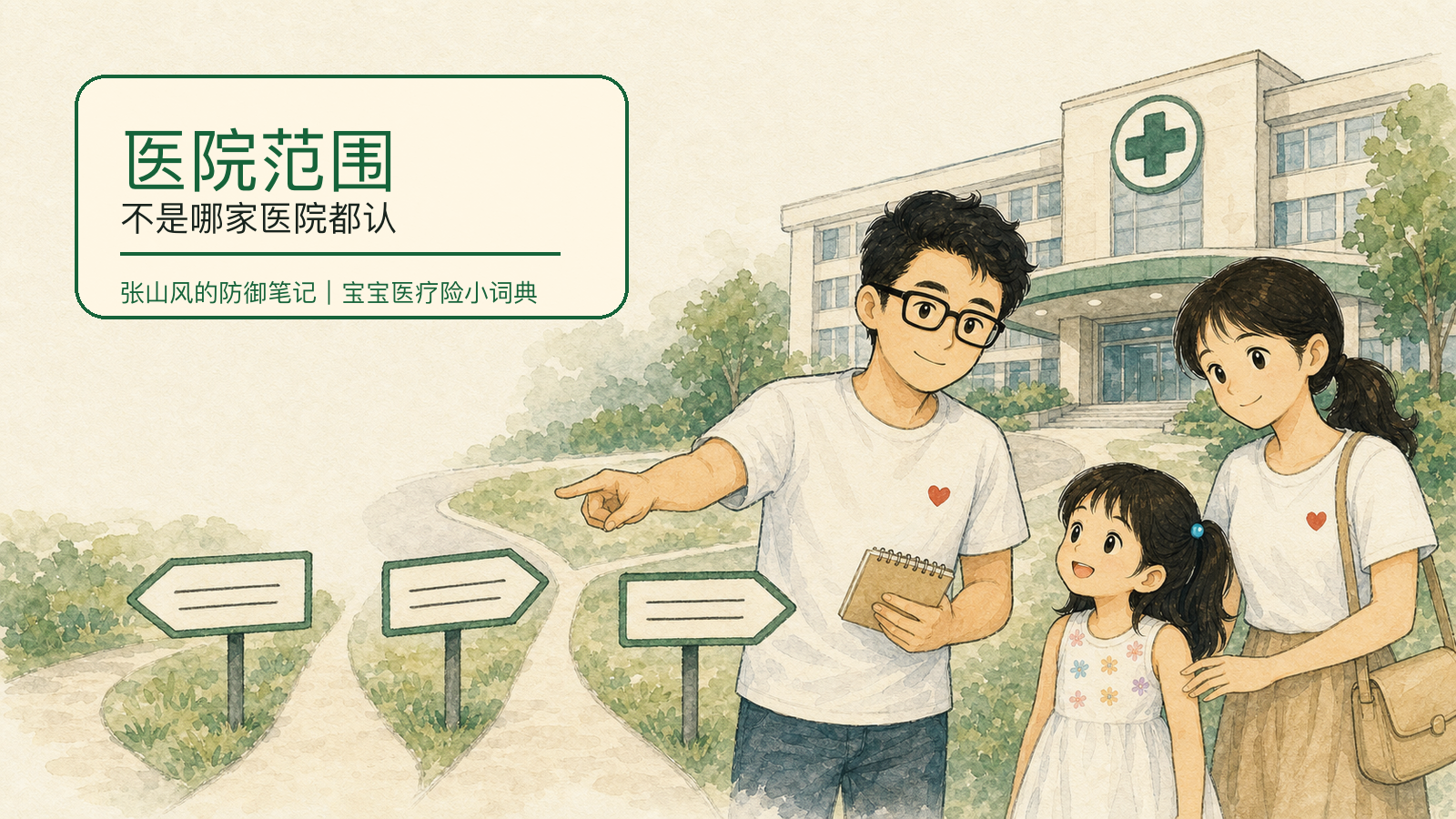 张山风一家在医院门口看普通部、特需部、国际部三条路