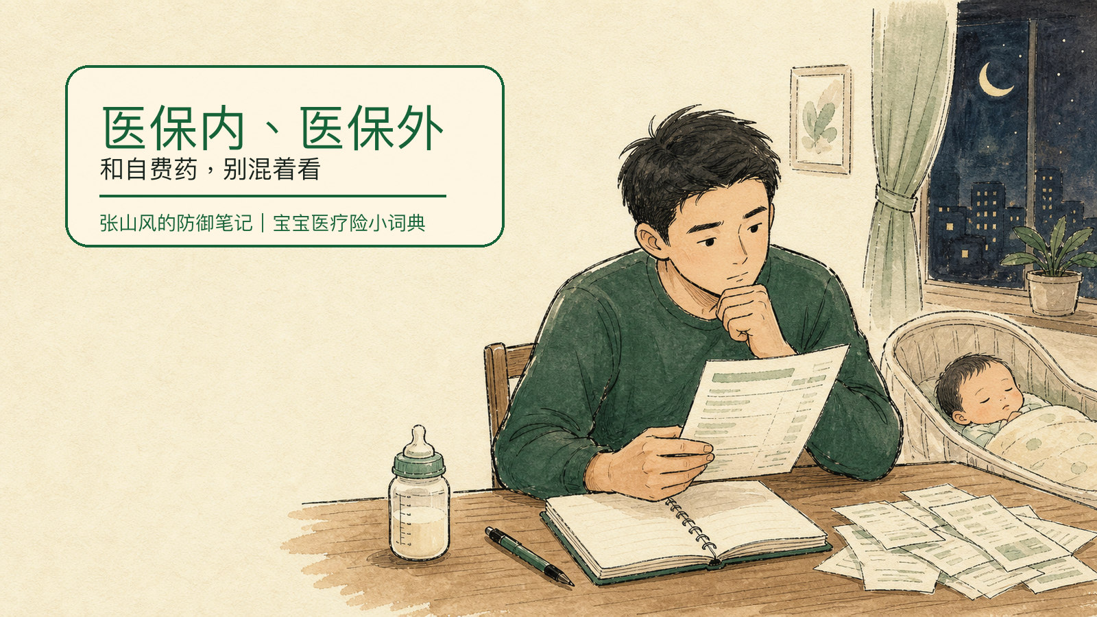 爸爸在夜里看宝宝住院账单，拆分医保内、医保外和自费药