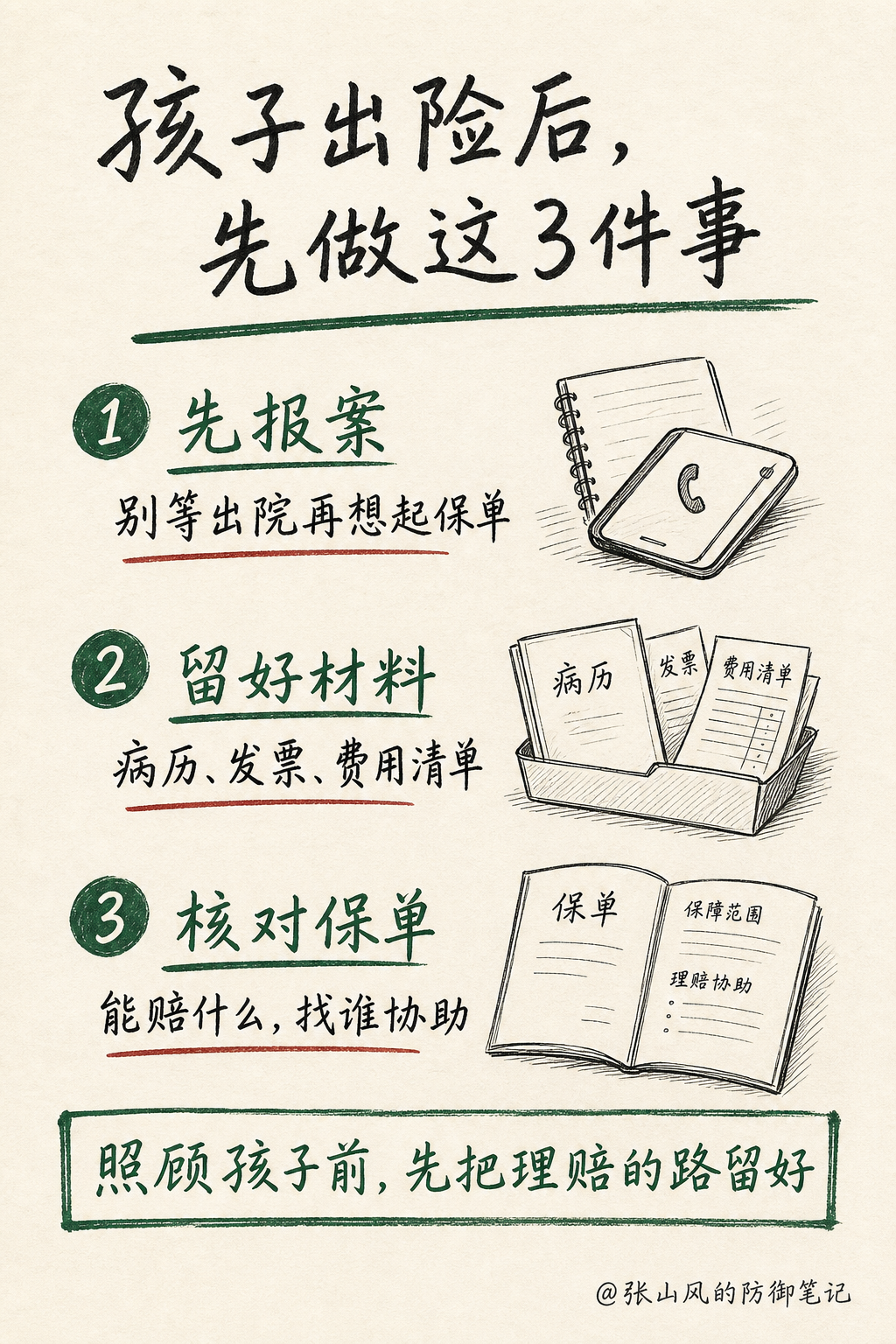 孩子出险后理赔三步手绘笔记：先报案、留好病历发票费用清单、核对保单和理赔协助