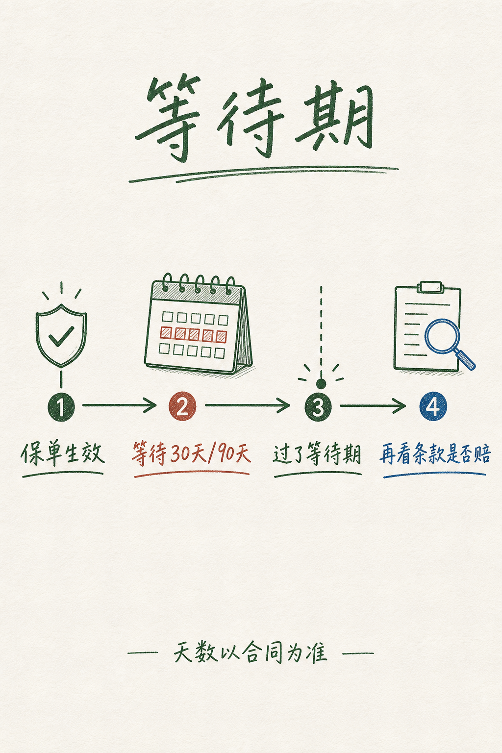 保险等待期的时间线：保单生效、等待期、责任启动