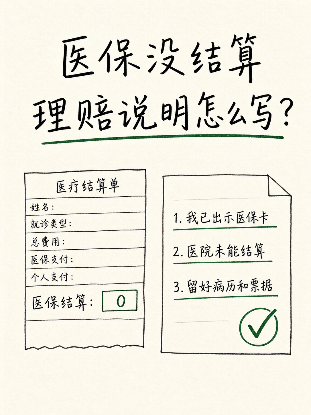 医保没有结算时,理赔说明应写清已出示医保卡、医院未能结算并留好病历票据