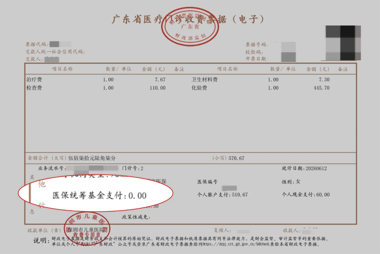 医院收费票据显示医保统筹基金支付0.00元